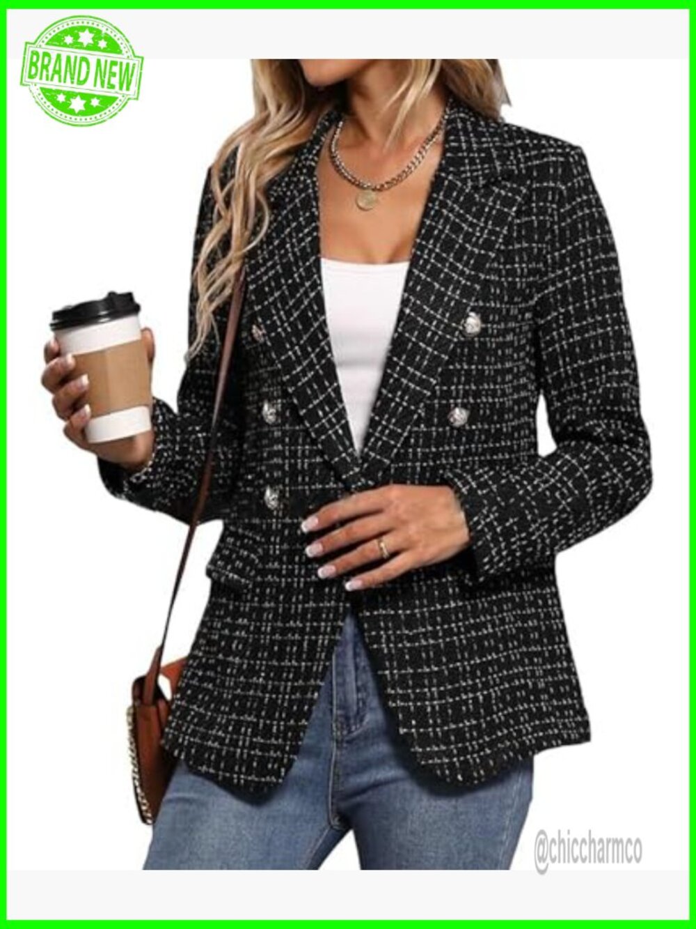 Plaid Tweed Blazer Jacket Fall Winter Office Business Elegant Lined Suit Coat - Picture 5 of 5